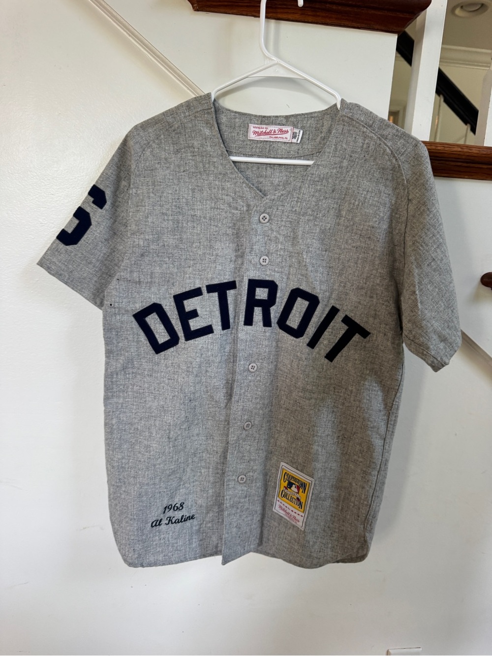 Mitchell & Ness Grey Detroit Baseball Jersey with Navy Lettering